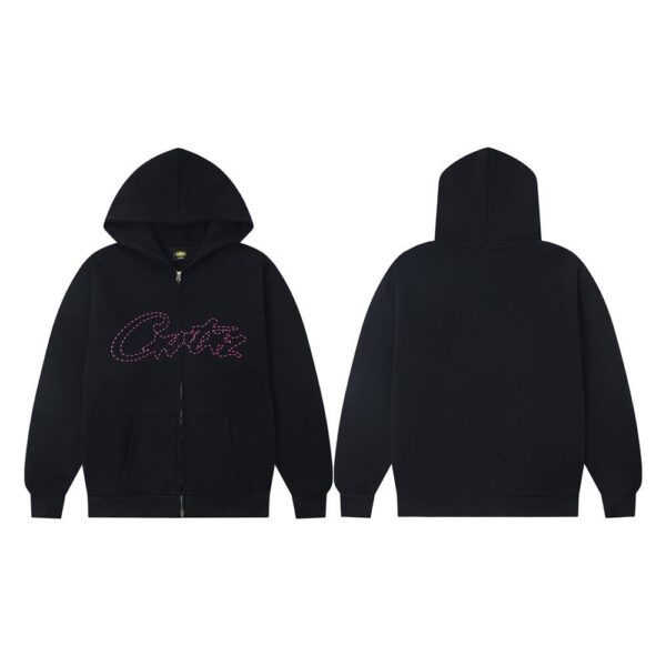 Corteiz Rhinestone Script Logo Zip Up Hoodie Black OKZY20261133