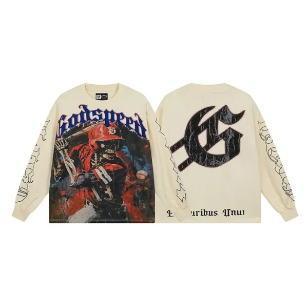 Godspeed Skeleton Baseball Player Print Beige Long Sleeve Tee OKZY20261218