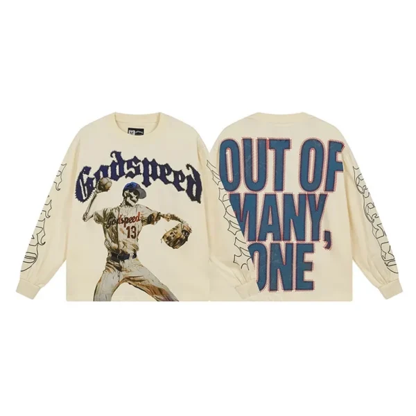 Godspeed Skeleton Pitcher Graphic Beige Long Sleeve Tee OKZY20261219