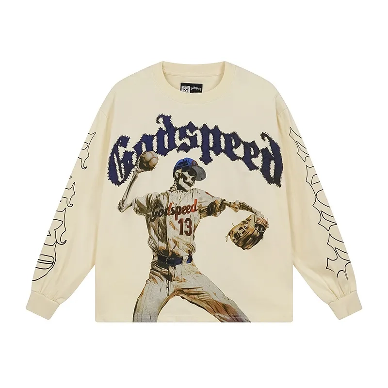Godspeed Skeleton Pitcher Graphic Beige Long Sleeve Tee OKZY20261219