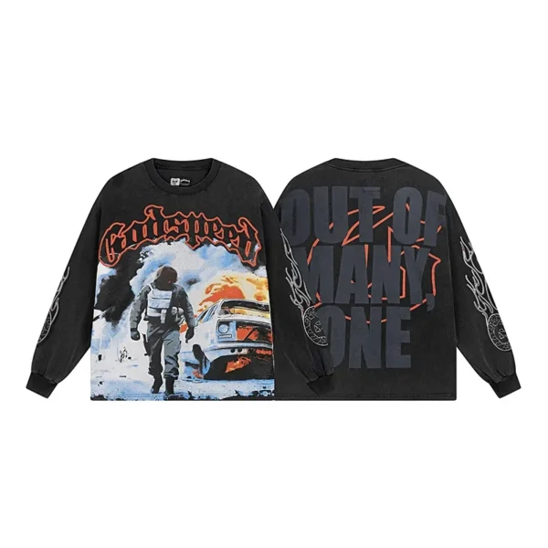Godspeed Explosion Car Figure Print Black Long Sleeve Tee OKZY20261220