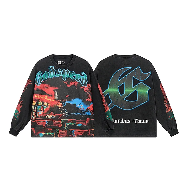 Godspeed Skeleton Gambler Graphic Black Long Sleeve Tee OKZY20261221