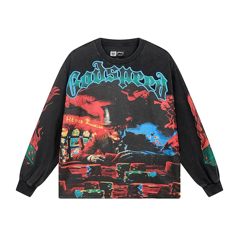 Godspeed Skeleton Gambler Graphic Black Long Sleeve Tee OKZY20261221