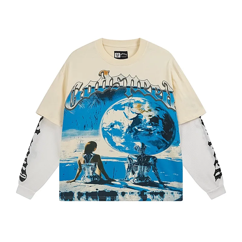 Godspeed Earth Skeleton Figure Beige Fake Two Piece Long Sleeve Tee OKZY20261223