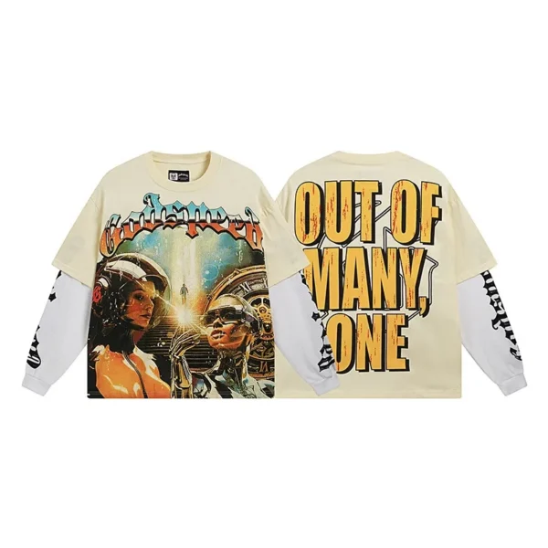 Godspeed Sci-fi Robot Figure Beige Fake Two Piece Long Sleeve Tee OKZY20261224