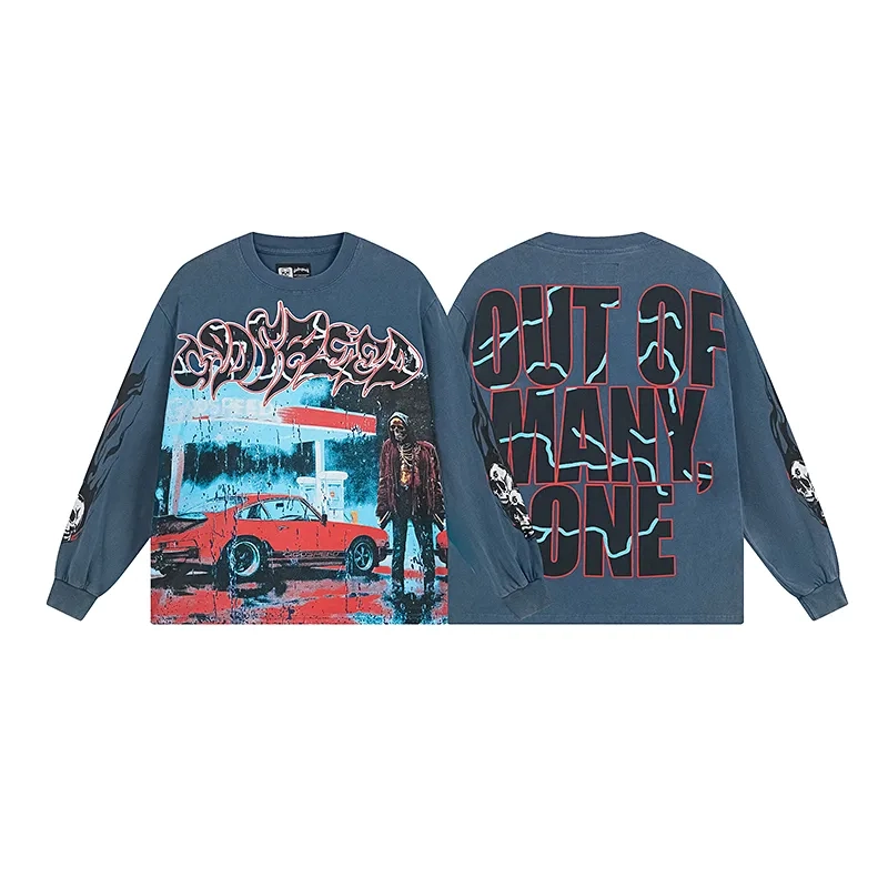 Godspeed Retro Sports Car Skeleton Blue Long Sleeve Tee OKZY20261226