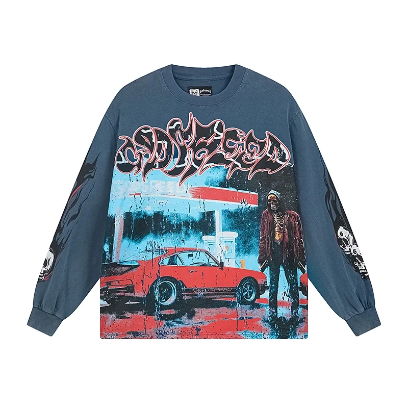 Godspeed Retro Sports Car Skeleton Blue Long Sleeve Tee OKZY20261226