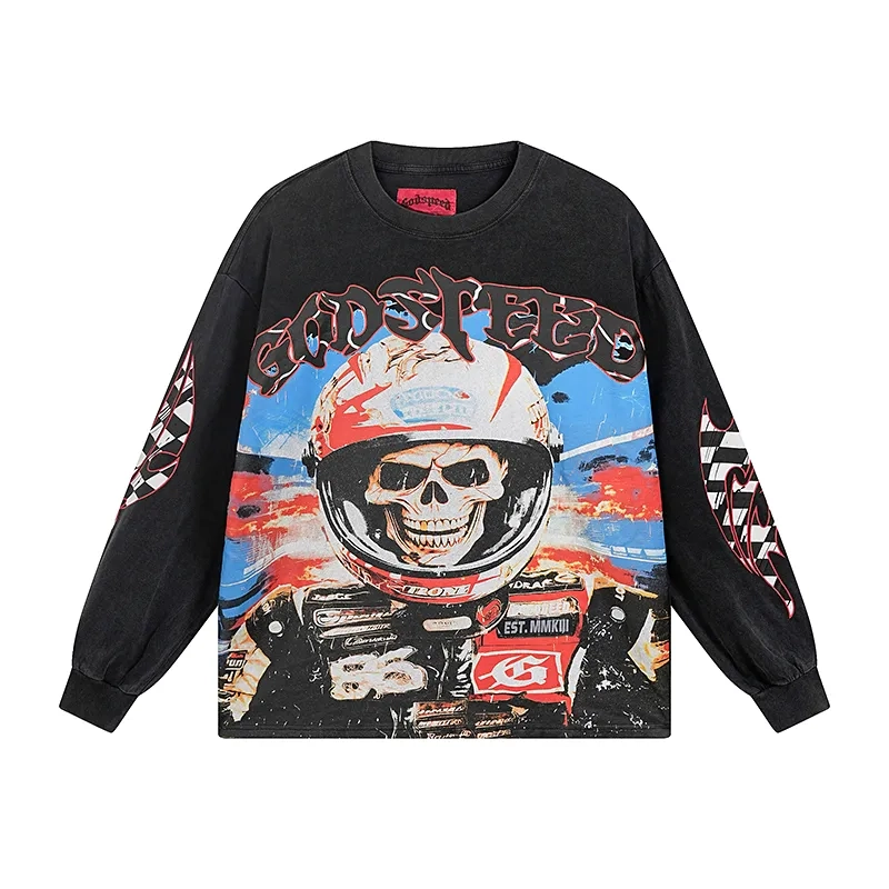 Godspeed Skeleton Racer Print Black Long Sleeve Tee OKZY20261227