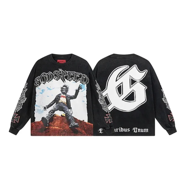 Godspeed Cliff Figure Graphic Black Long Sleeve Tee OKZY20261228