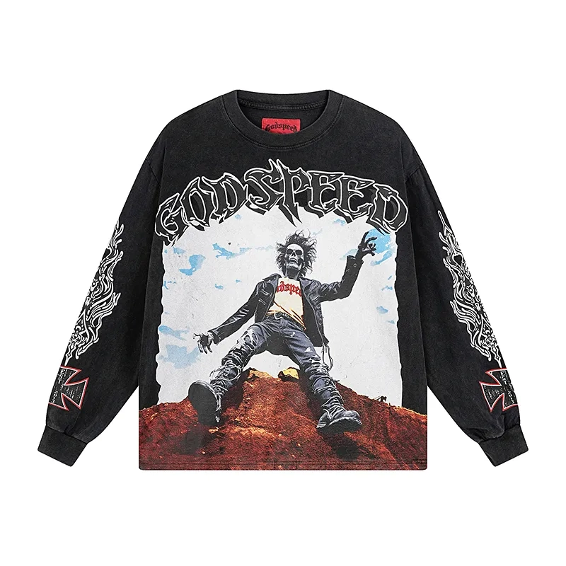 Godspeed Cliff Figure Graphic Black Long Sleeve Tee OKZY20261228
