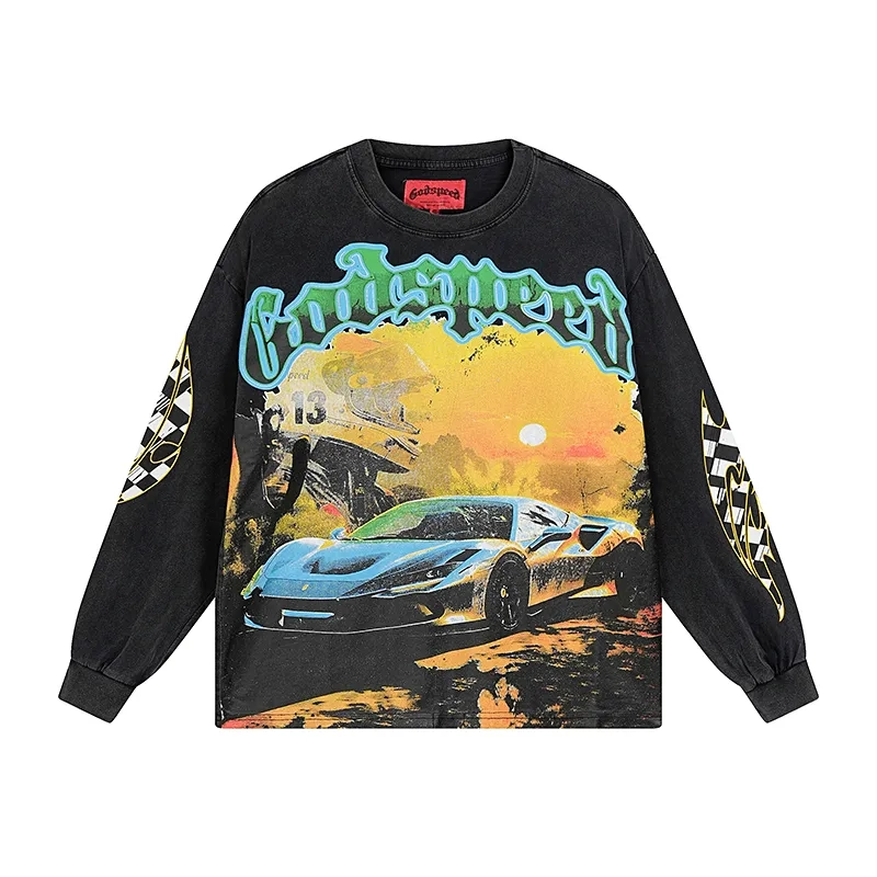 Godspeed Supercar Vintage Print Black Long Sleeve Tee OKZY20261229
