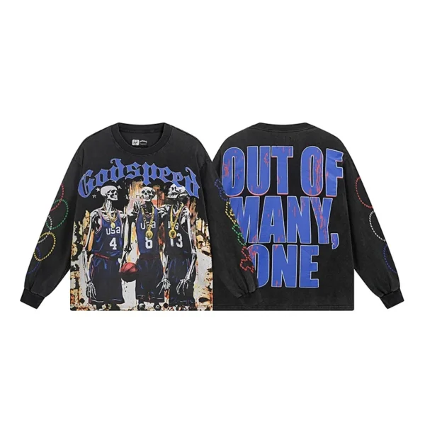 Godspeed USA Basketball Skeleton Player Print Black Long Sleeve Tee OKZY20261230