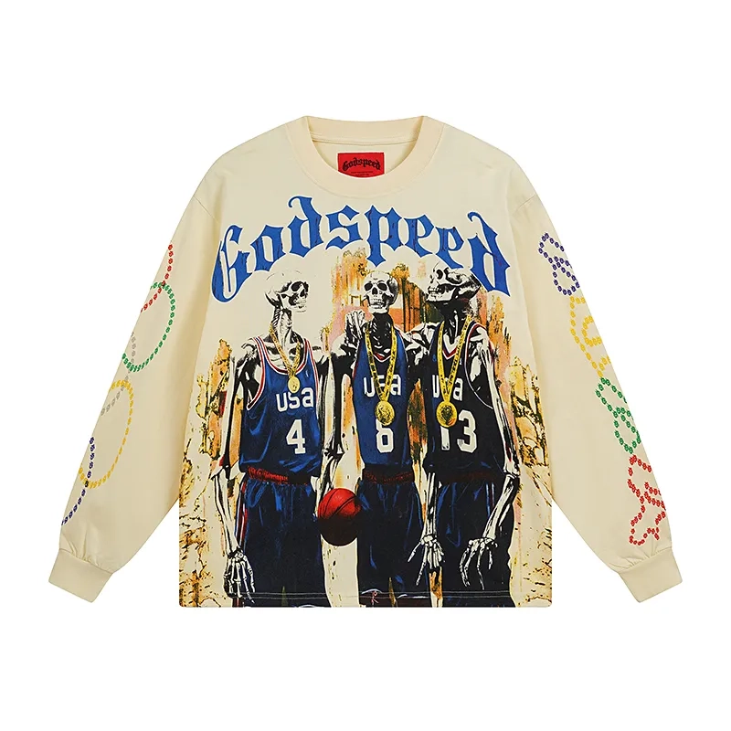 Godspeed USA Basketball Skeleton Player Print Beige Long Sleeve Tee OKZY20261231