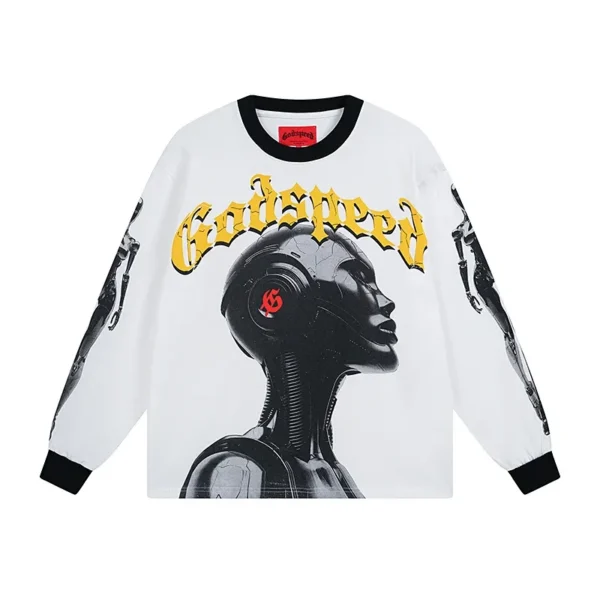 Godspeed Robot Head Graphic White Contrast Collar Long Sleeve Tee OKZY20261232
