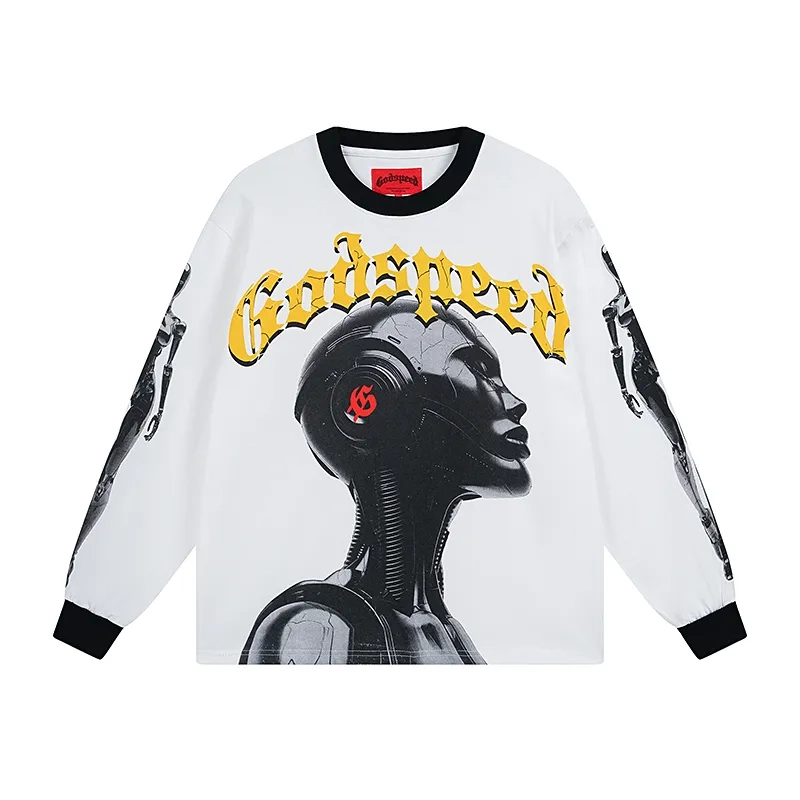 Godspeed Robot Head Graphic White Contrast Collar Long Sleeve Tee OKZY20261232