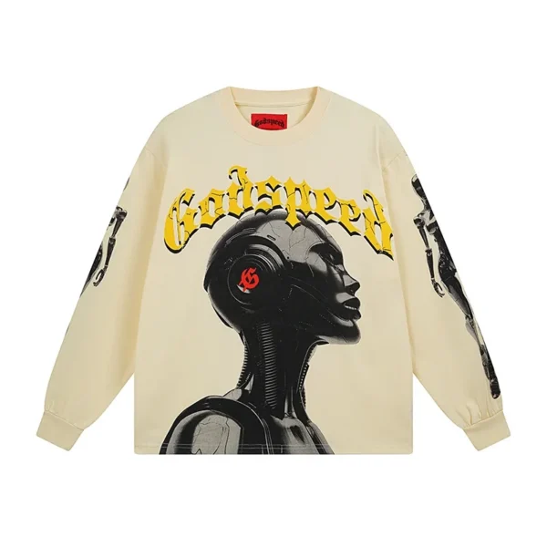 Godspeed Robot Head Graphic Beige Long Sleeve Tee OKZY20261233