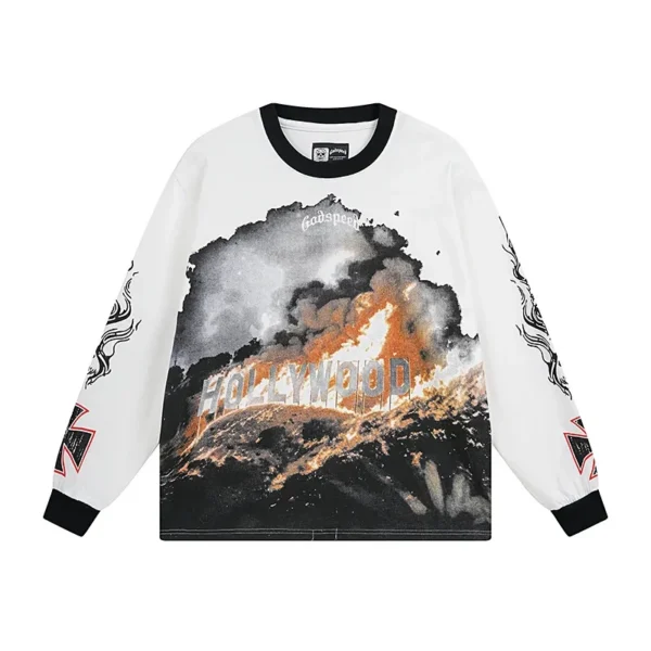 Godspeed Burning Hollywood Print White Contrast Collar Long Sleeve Tee OKZY20261234