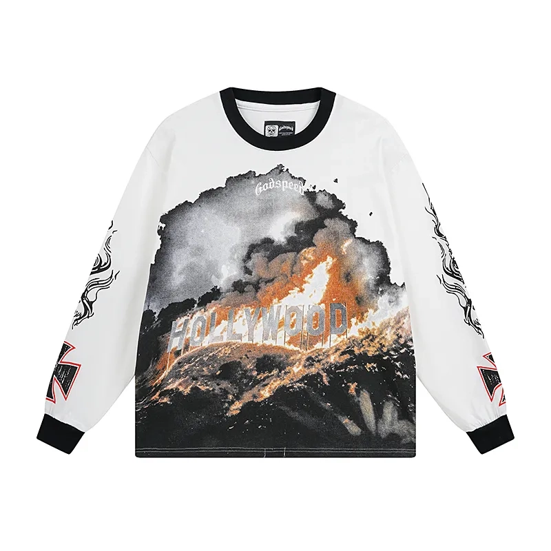 Godspeed Burning Hollywood Print White Contrast Collar Long Sleeve Tee OKZY20261234