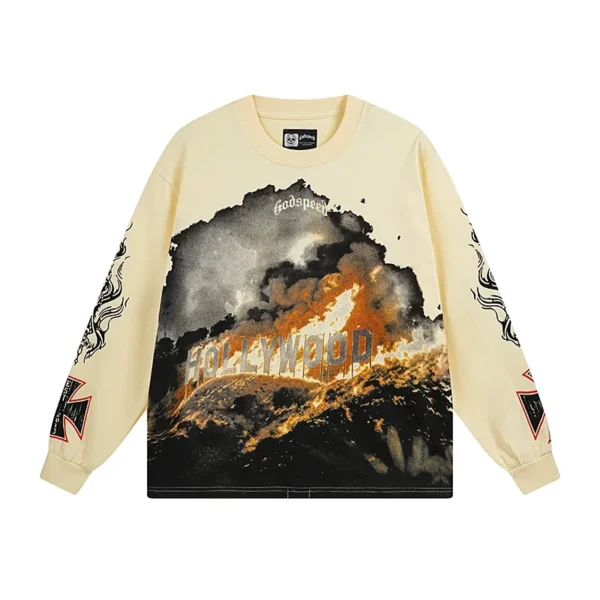Godspeed Burning Hollywood Print Beige Long Sleeve Tee OKZY20261235