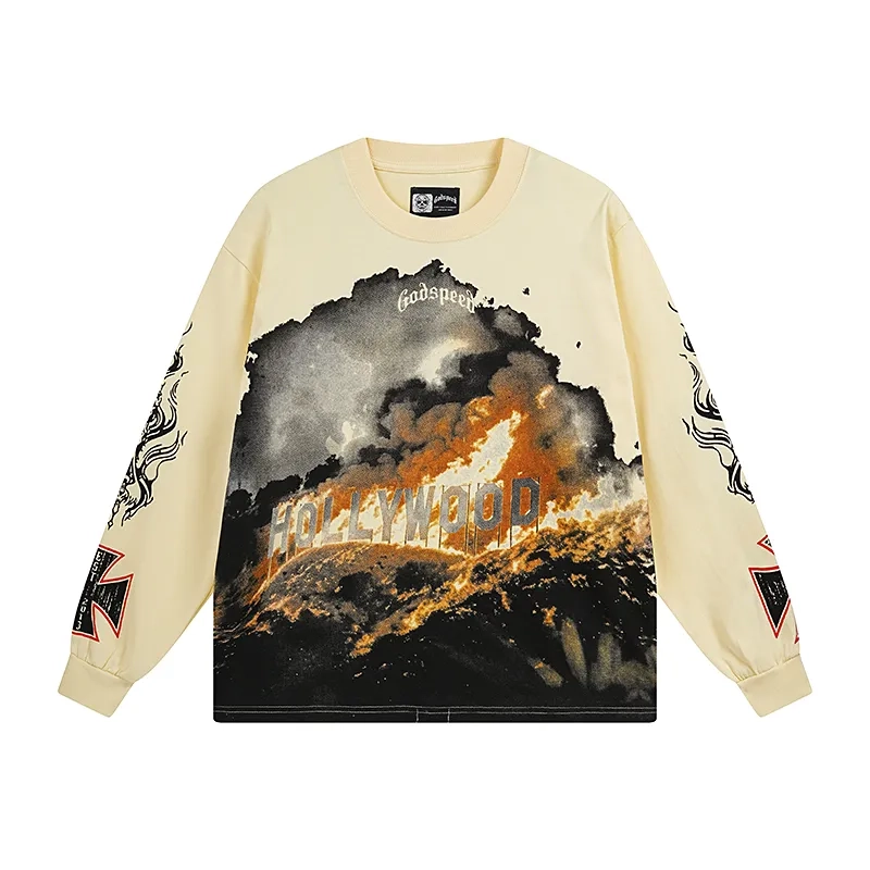 Godspeed Burning Hollywood Print Beige Long Sleeve Tee OKZY20261235