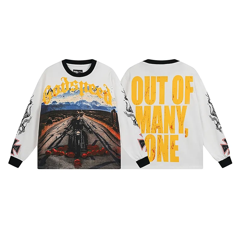 Godspeed Skeleton Biker Rose Print White Contrast Collar Long Sleeve Tee OKZY20261236