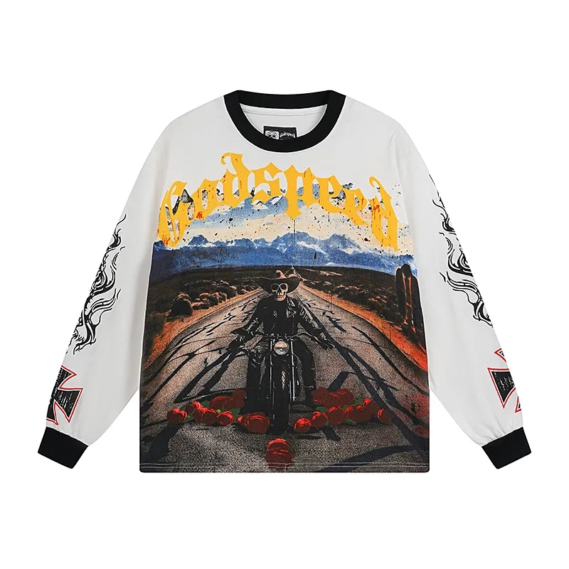 Godspeed Skeleton Biker Rose Print White Contrast Collar Long Sleeve Tee OKZY20261236