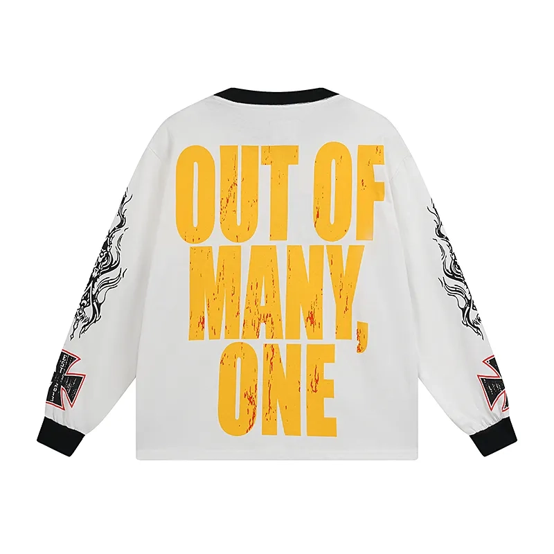 Godspeed Skeleton Biker Rose Print White Contrast Collar Long Sleeve Tee OKZY20261236