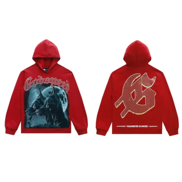 Godspeed Doberman Skull Moon Print Red Hoodie OKZY20261237