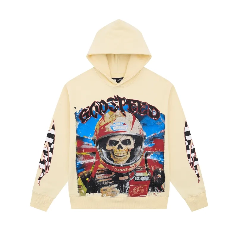 Godspeed Racer Skull Helmet Graphic Beige Hoodie OKZY20261238