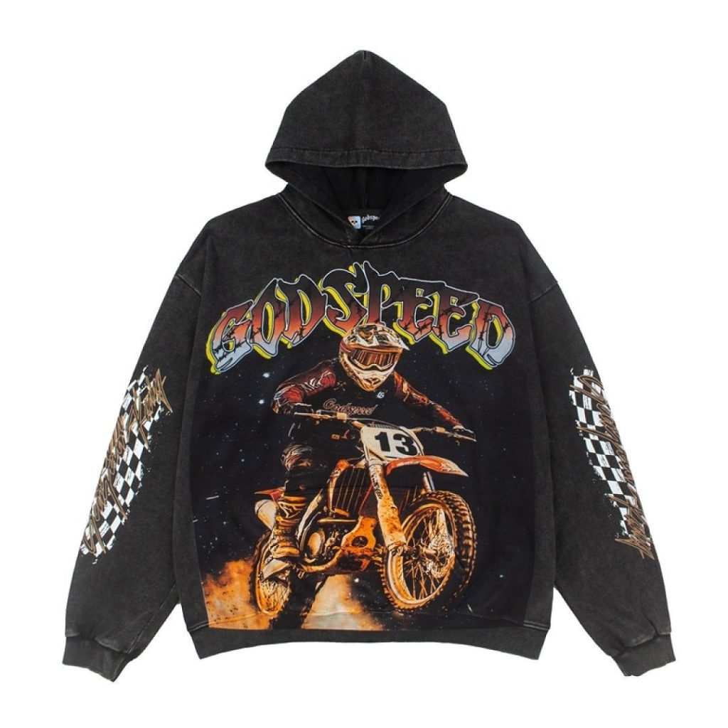 Godspeed Black Washed Motocross Rider Hoodie OKZY20261248