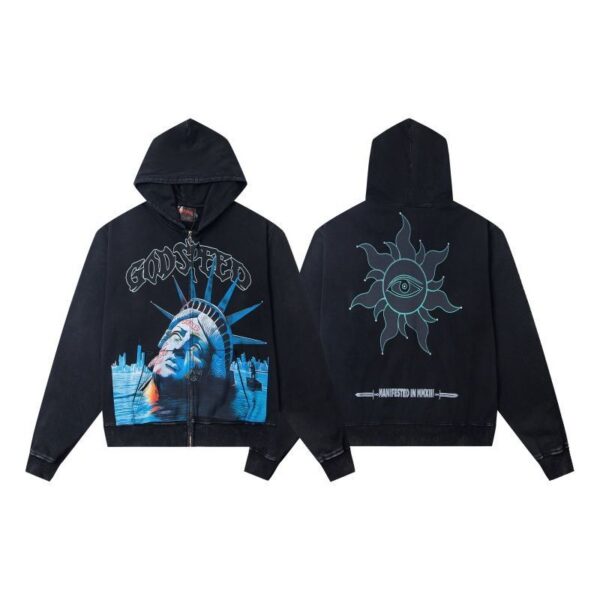 Godspeed Black Washed Statue Of Liberty Zip Up Hoodie OKZY20261254