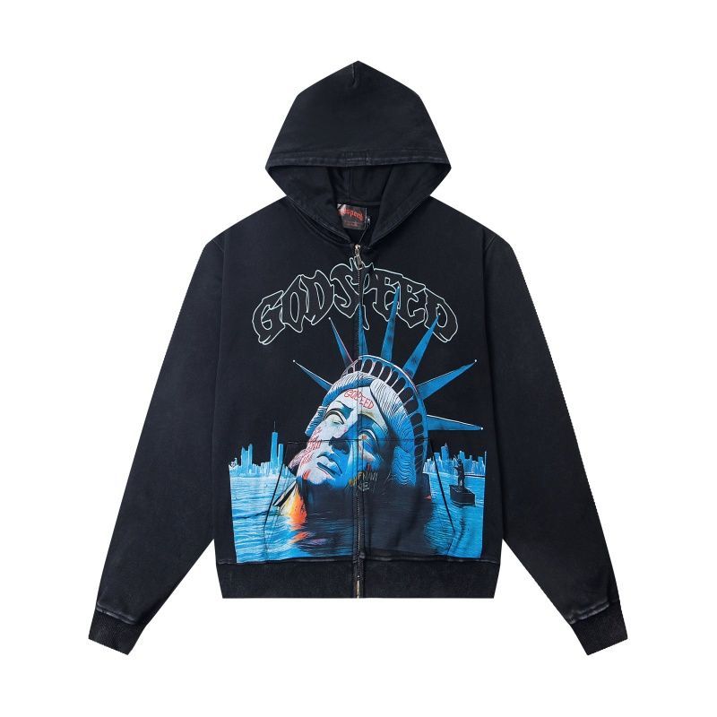 Godspeed Black Washed Statue Of Liberty Zip Up Hoodie OKZY20261254