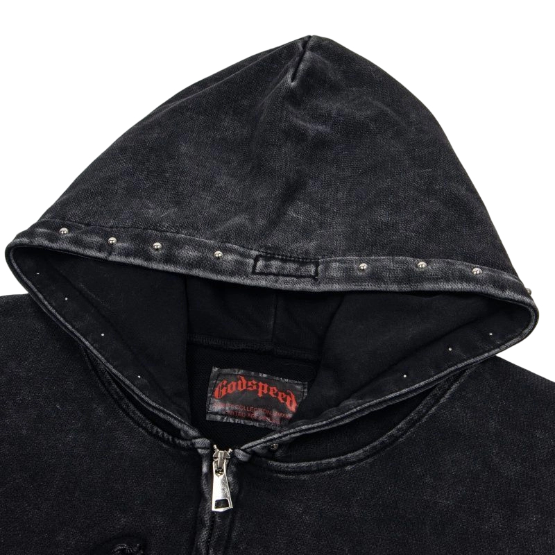 Godspeed Black Washed Rivet Bat Zip Up Hoodie OKZY20261261