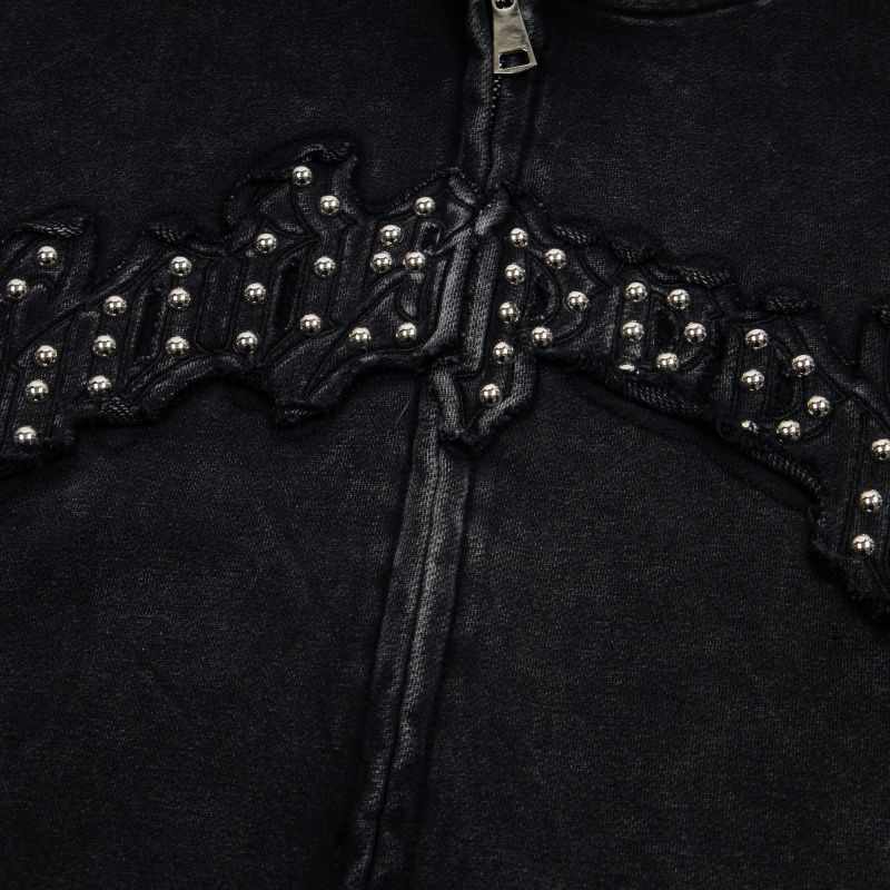 Godspeed Black Washed Rivet Bat Zip Up Hoodie OKZY20261261