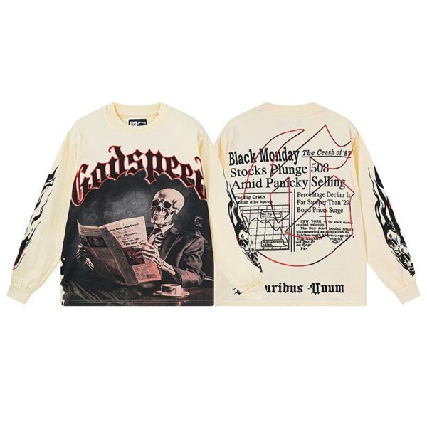 Godspeed Cream Skeleton Reading Newspaper Long Sleeve Tee OKZY20261264
