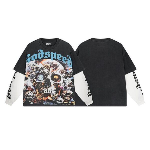 Godspeed Black Washed Skull Rose Fake Two Piece Long Sleeve Tee OKZY20261265