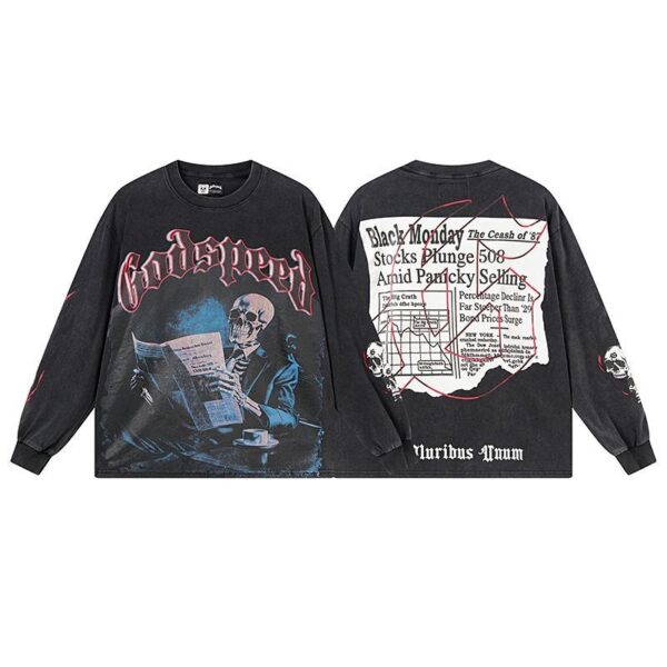 Godspeed Black Washed Skeleton Reading Newspaper Long Sleeve Tee OKZY20261266