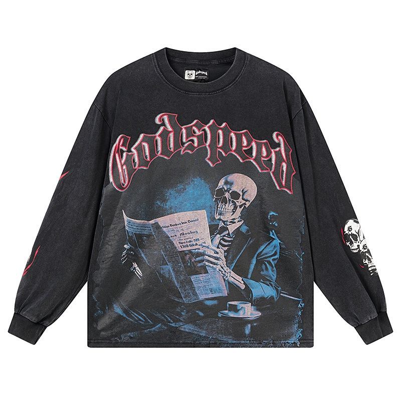 Godspeed Black Washed Skeleton Reading Newspaper Long Sleeve Tee OKZY20261266