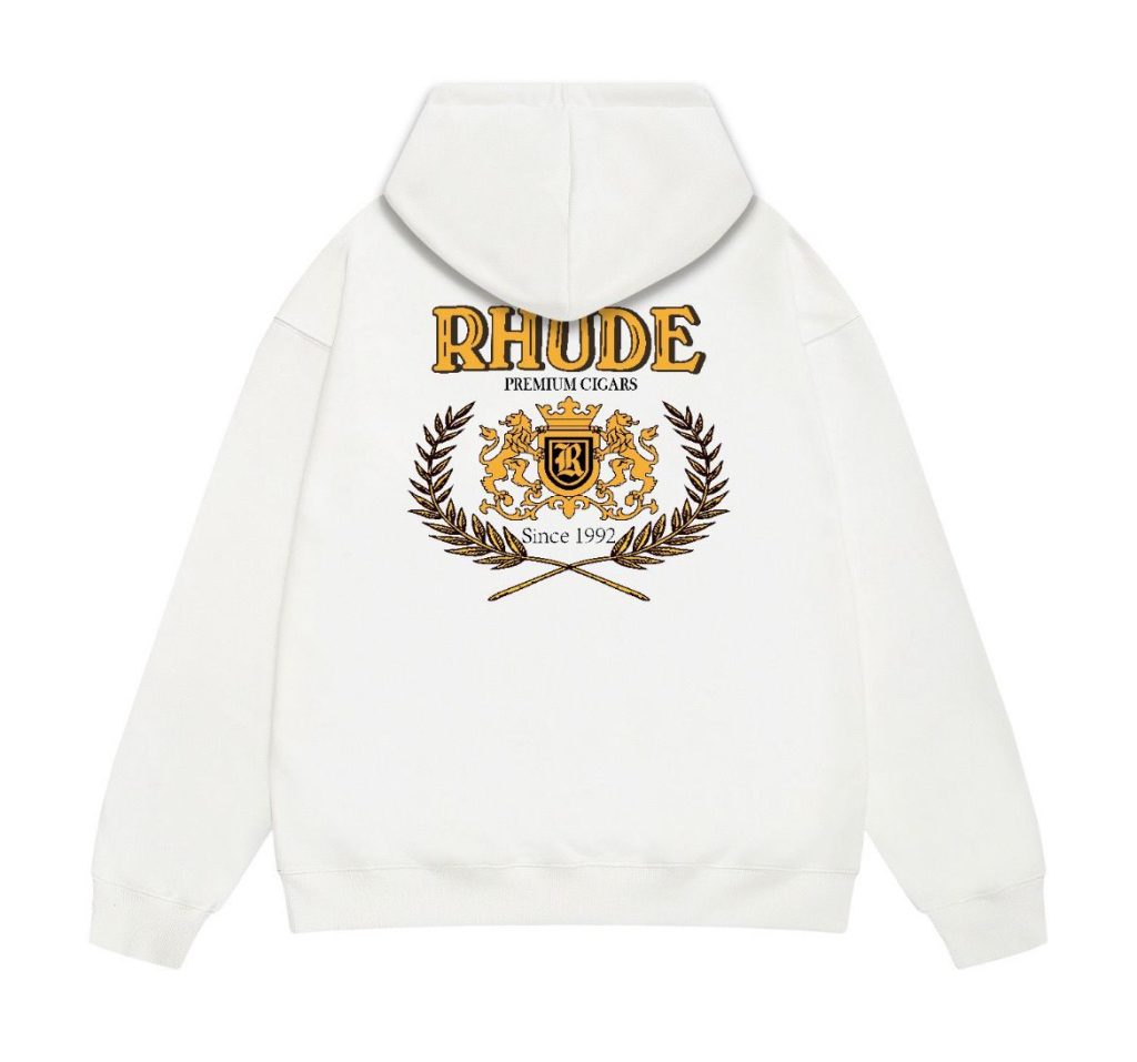 Rhude White Premium Cigars Crest Back Print Hoodie OKZY20261291