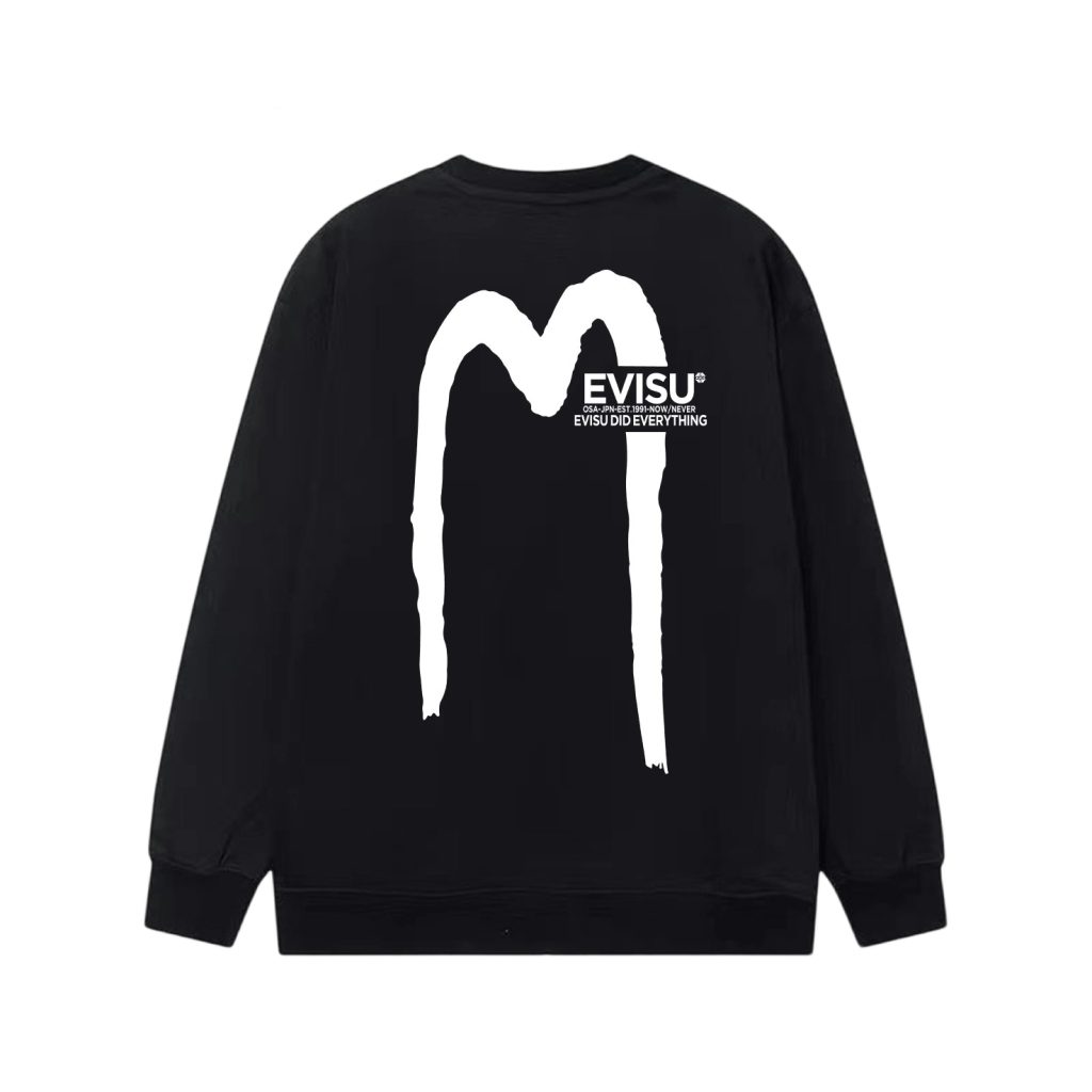 Evisu Black Front Logo Big M Back Print Crewneck Sweatshirt OKZY20261365