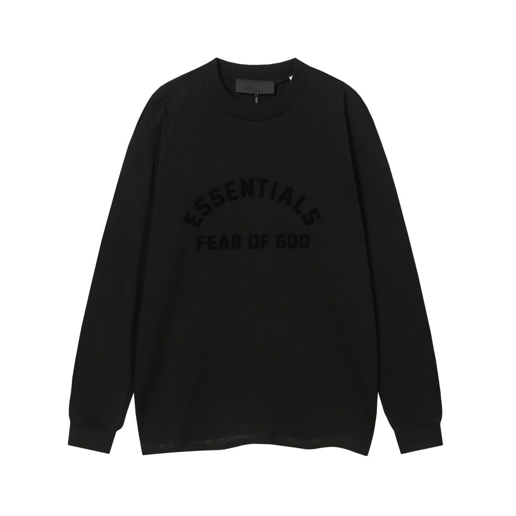 Essentials Fear Of God Arch Logo Flock Print Long Sleeve Tee Black OKZY20261521