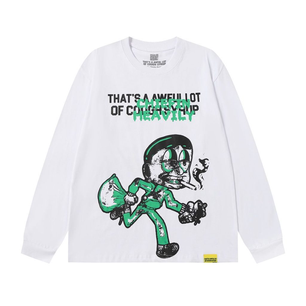 Cough Syrup Chiefin Heavily Cartoon Graphic Long Sleeve Tee White OKZY20261586