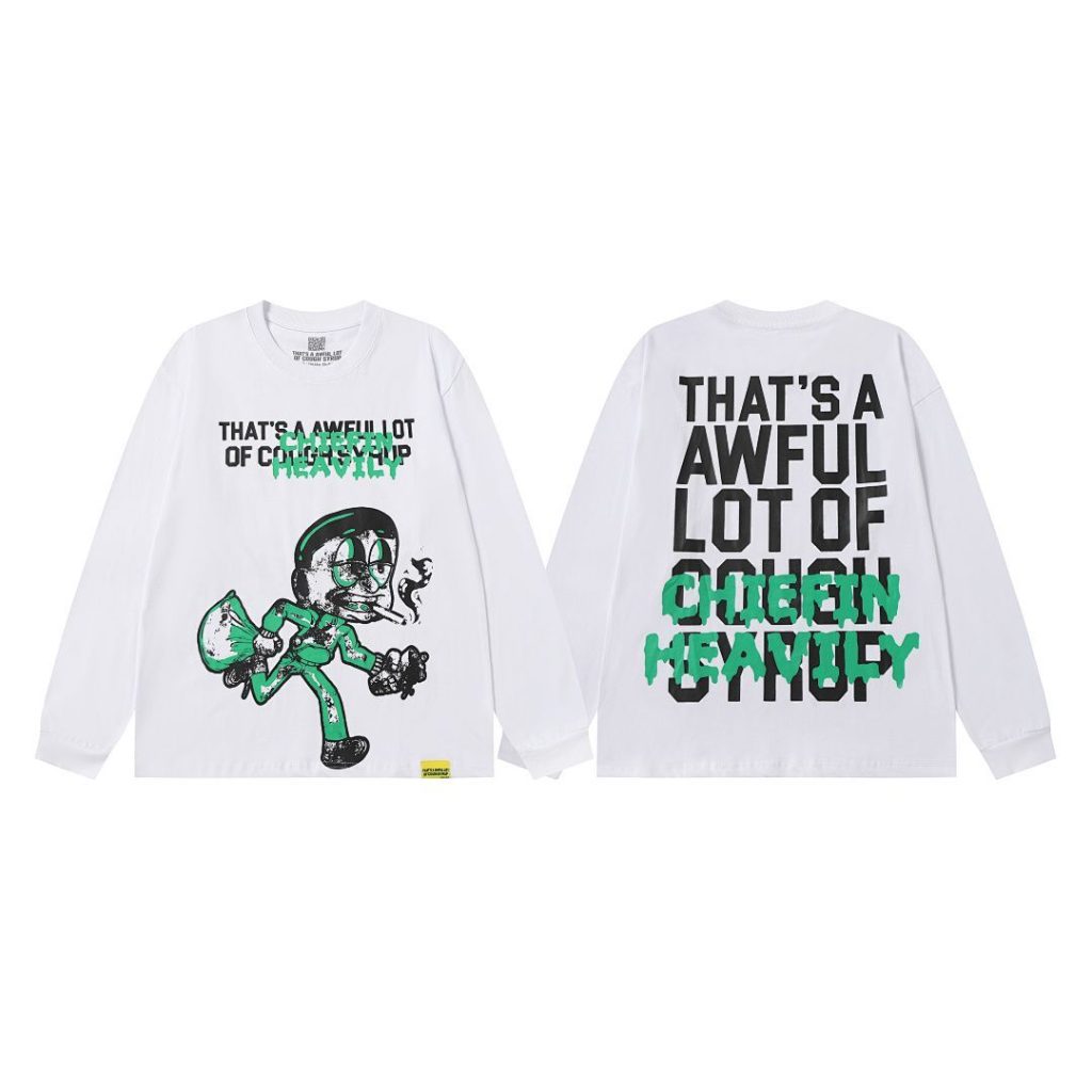 Cough Syrup Chiefin Heavily Cartoon Graphic Long Sleeve Tee White OKZY20261586