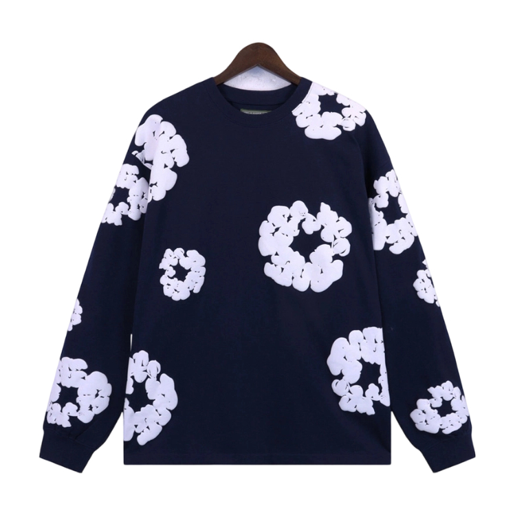 Denim Tears Cotton Wreath All Over Print Crewneck Sweatshirt Navy Blue OKZY20261592