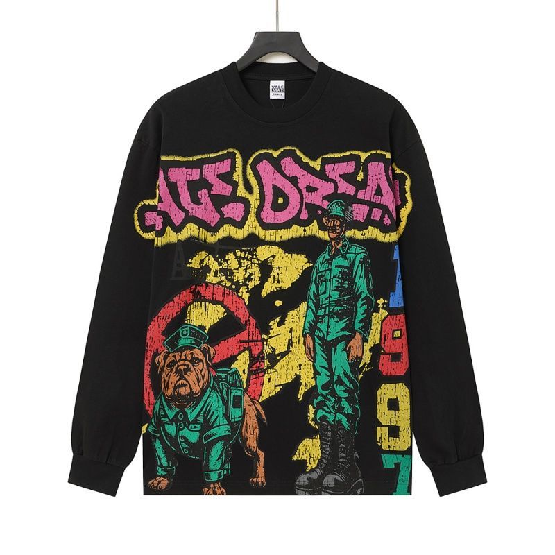 Vale Forever Soldier Bulldog Graffiti Graphic Long Sleeve Tee Black OKZY20261629