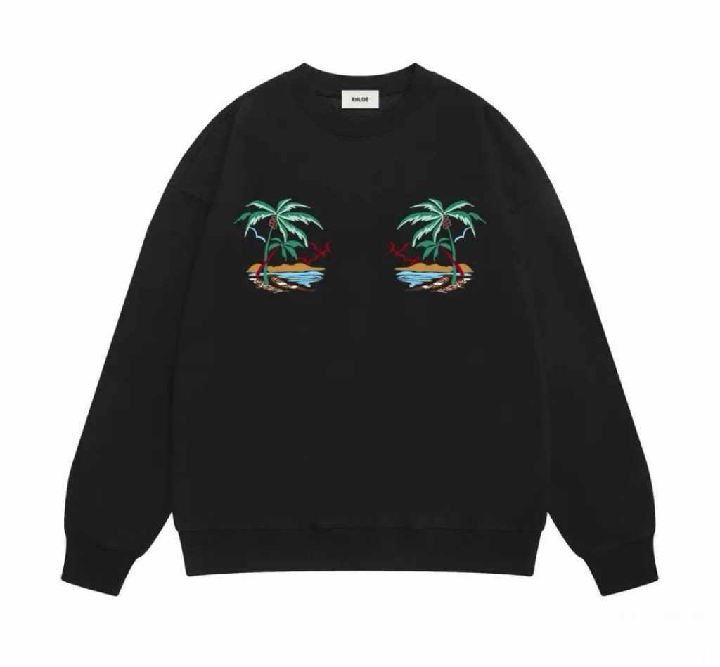 Rhude Palm Tree Embroidery Crewneck Sweatshirt Black OKZY20261699