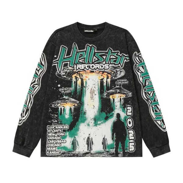 Hellstar UFO Records World Tour Long Sleeve Tee Washed Black OKZY20261709