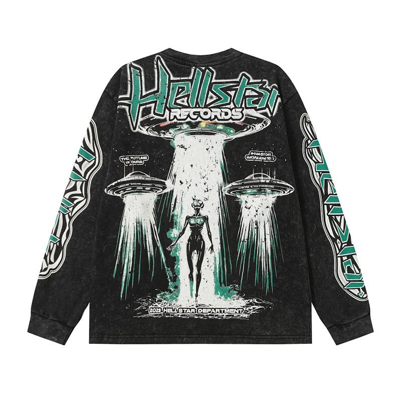 Hellstar UFO Records World Tour Long Sleeve Tee Washed Black OKZY20261709