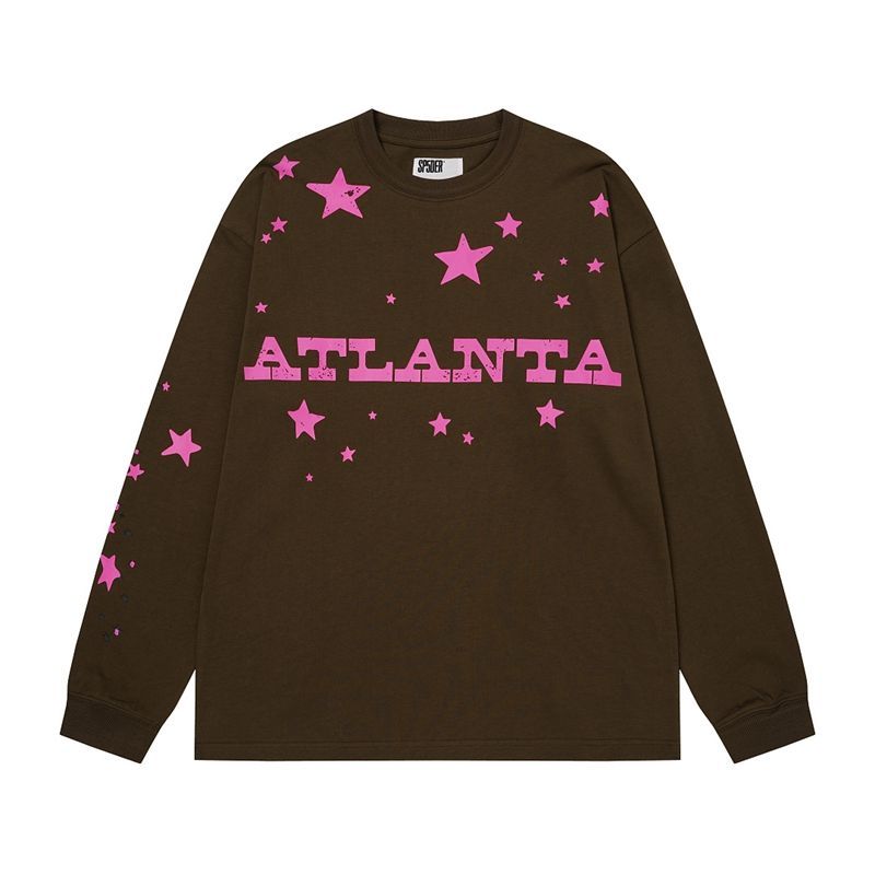Sp5der Atlanta Pink Star Long Sleeve Tee Brown OKZY20261712