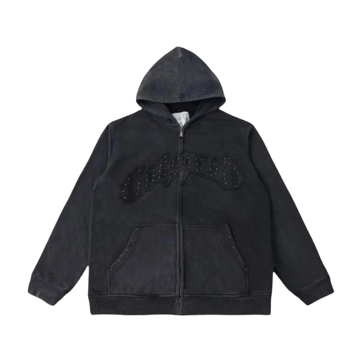 Godspeed God Speed Full Zip Hoodie Washed Black Rhinestone Logo OKZY20261754